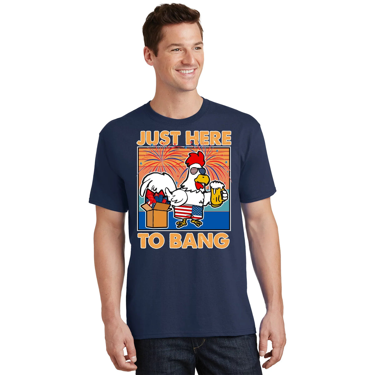 Funny Just Here To Bang Fireworks Beer Chicken T-Shirt product image 1