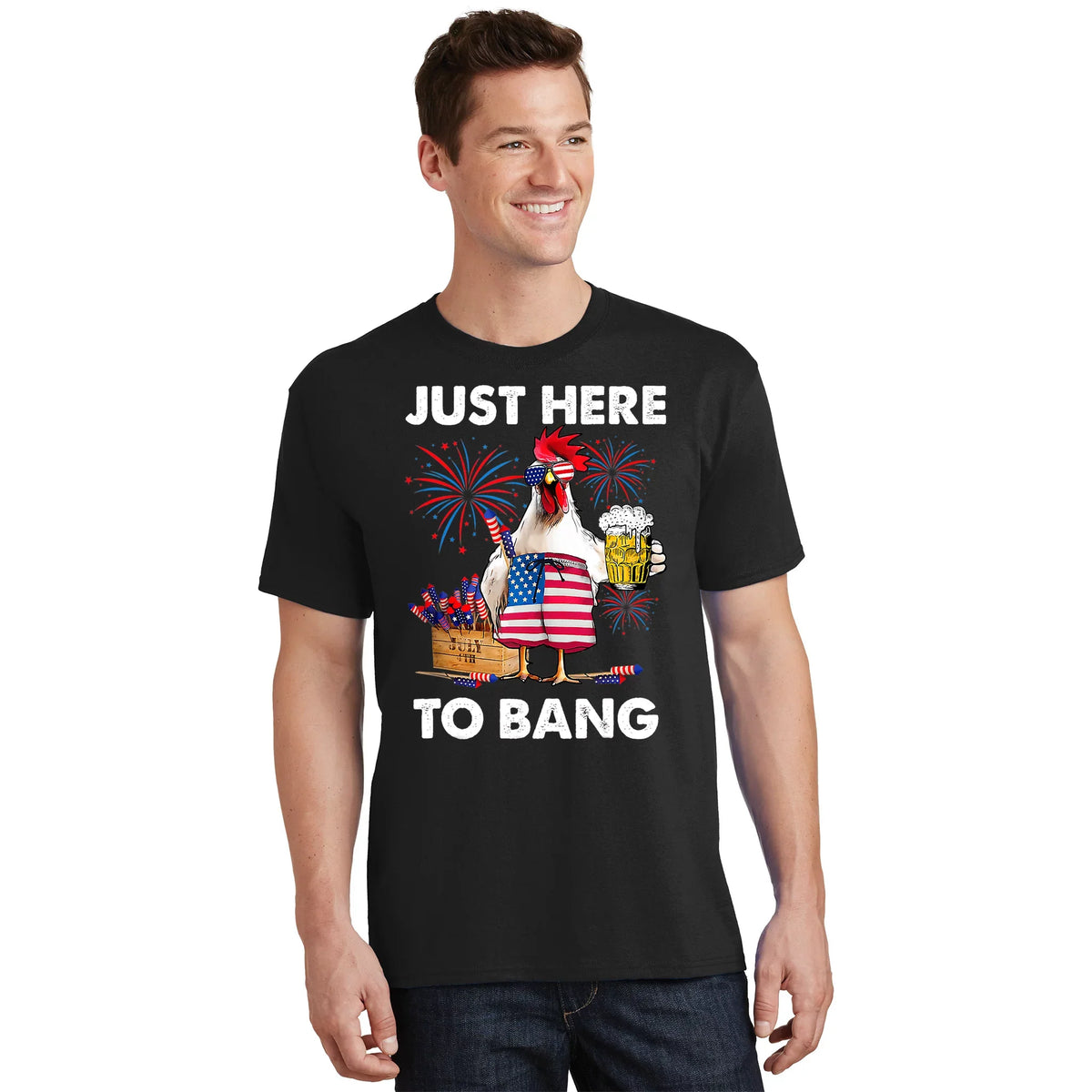 Just Here To Bang USA Flag Funny 4th Of July Chicken Beer product image 1