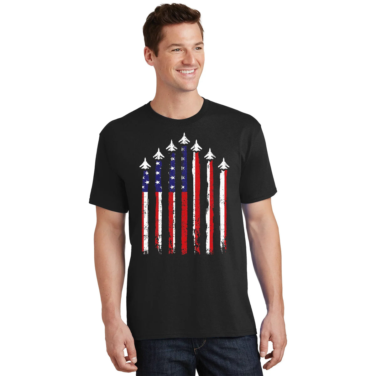 Retro Fighter Jet Airplane Usa Flag 4th Of July T-Shirt product image 1